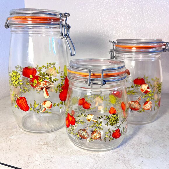 Set of 3 Vintage Wire Bail Glass Canister Jars - Picture 1 of 9